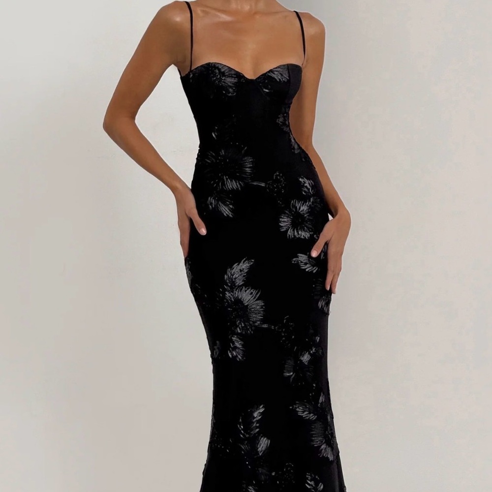 Black Floral-Textured Maxi Slip Dress with Spaghetti Straps